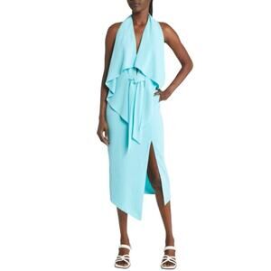 Misha Lorena Plunge Halter Cocktail Dress Pool Blue Size 14 NWOT $290 MSRP